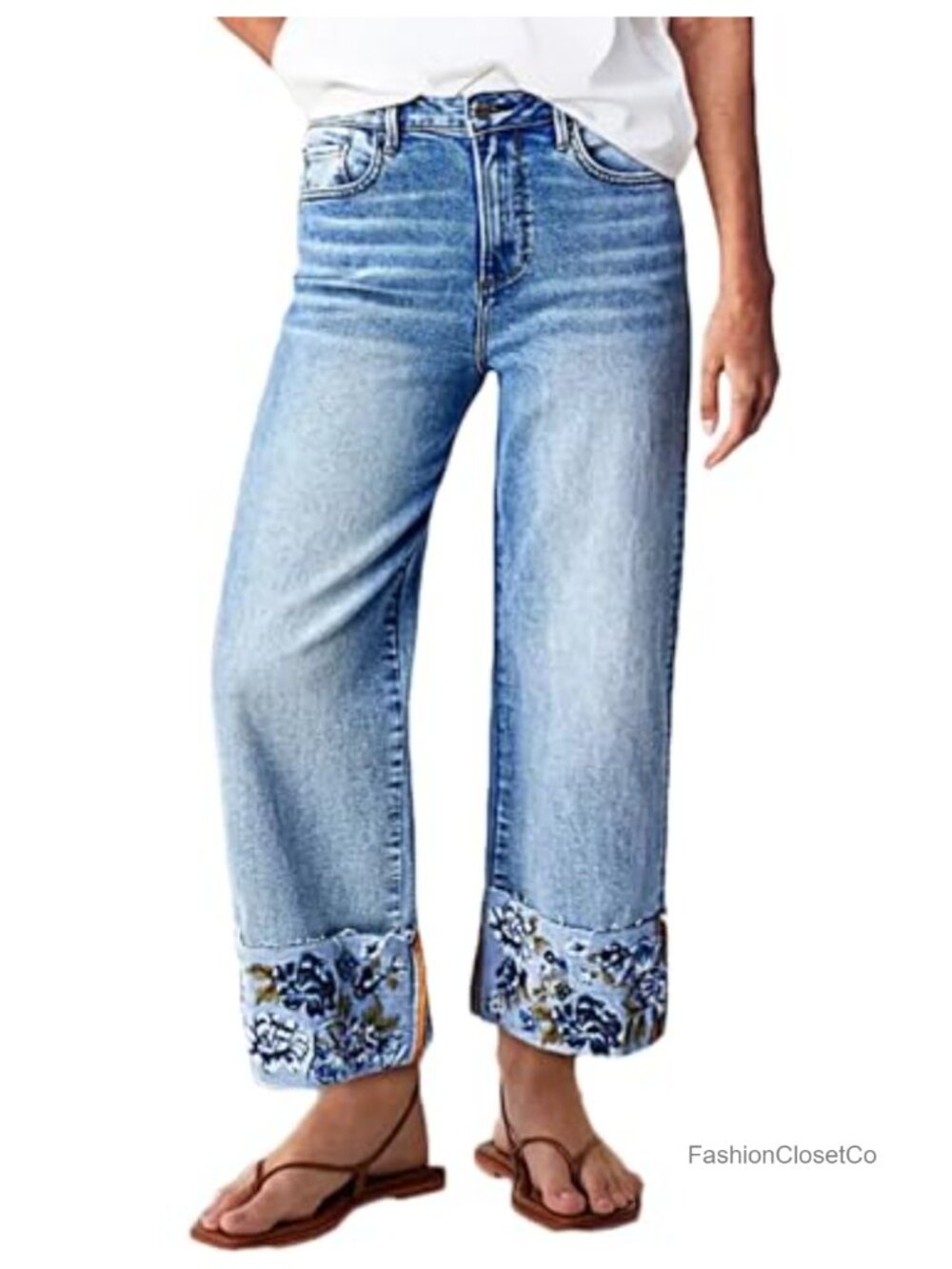 Embroidered Straight Leg Crop Capri Jeans Women Stretch Denim Mid Rise